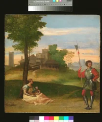 Une idylle : Une mère et un hallebardier dans un paysage boisé, vers 1505-10 (huile sur panneau)