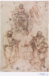 Madone et enfant assis sur des nuages avec des saints ou des apôtres