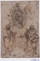 Madone et enfant assis sur des nuages avec des saints ou des apôtres