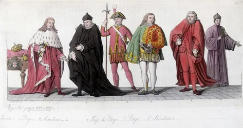 Nobles vénitiens (Doge, Page et Sénateur). Gravure inspirée par Tiziano Vecellio dit Le Titien (1485-1576) et reproduite dans les mosaïques de la Basilique Saint-Marc. Dans « Le costume ancien et moderne » 1819-1820, par Jules Ferrario.