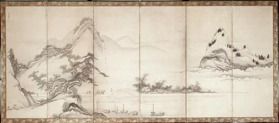 Voyageurs sur un pont au bord du lac, vers 1700