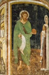 Sainte Agnès et Saint Jean-Baptiste, détail de la colonne décorée