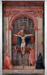 La Trinité : Dieu le Père soutient Jésus-Christ crucifié, entouré de saint Jean, de la Vierge Marie et de deux donateurs - Fresque