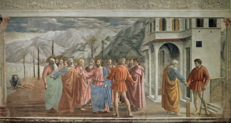 Le Paiement du tribut, fresque de Tommaso di ser Giovanni di Mone Cassai, dit Masaccio (1401-1428), 254,5 x 598,3 cm