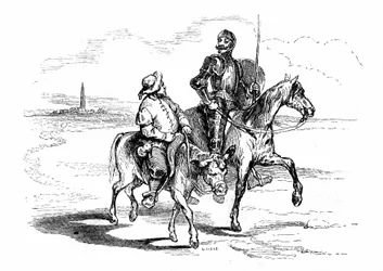 Don Quichotte monte son cheval Rossinante avec son fidèle écuyer Sancho Panza sur son âne. Illustration du roman de Cervantès, publié en France en 1845 par Dubochet & Cie, traduction de Louis Viardot, gravures de Tony Johannot