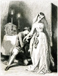 Amant soupirant aux pieds de sa belle dans un intérieur éclairé à la bougie - fille en robe et coiffure romantiques - gravure (eau-forte 1845) par Tony Johannot (Antoine Johannot dit