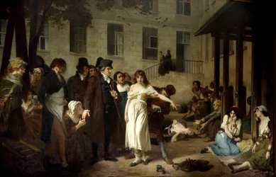 Le docteur Philippe Pinel (1745-1826) libérant des personnes atteintes de maladie mentale de leurs chaînes en 1795 à l