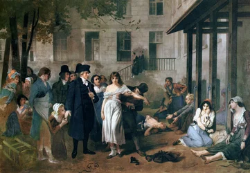 Philippe Pinel (1745-1826) libérant des malades mentaux de leurs chaînes à l