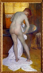 Le bain. Scène dans une salle de bains : une femme sortie de la baignoire s