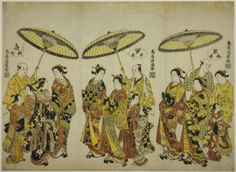 Les beautés des trois capitales : Shimabara à Kyoto (à droite), Yoshiwara à Edo (au centre) et Shinmachi à Osaka (à gauche).