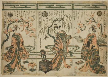 Les acteurs Sanogawa Ichimatsu (à droite), Nakamura Tomijuro (au centre), et Nakamura Kumetaro (à gauche), d