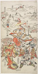 Fujiwara no Teika à cheval accompagné par O_e Saemon et la femme Nowake, vers 1710
