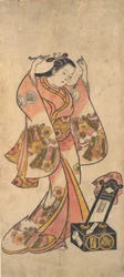 Sanjo Kantaro en tant que femme arrangeant ses cheveux devant un miroir laqué, avant 1763