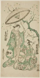 Les acteurs Sanogawa Ichimatsu I comme Soga no Goro et Ikushima Daikichi II comme Kewaizaka no Shosho dans la pièce "Monzukushi Nagoya Soga," jouée au théâtre Ichimura au premier mois, 1748