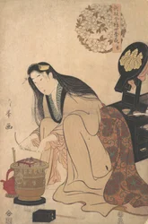 Dame arrangeant le support Binsashi pour les cheveux au-dessus des tempes pour mettre dans ses cheveux, vers 1808