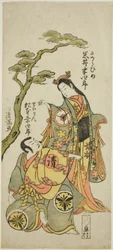 Les acteurs Iwai Hanshiro IV dans le rôle de Sakura Hime et Matsumoto Koshiro IV dans le rôle du prêtre Seigen dans la pièce "Wada Sakamori Eiga Kagami", jouée au théâtre Namakumura au cours du premier mois, 1773.