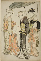 Une fille et quatre serviteurs, de la série "Une brocade de manières orientales (Fuzoku Azuma no nishiki)"