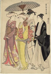 Une dame avec trois serviteurs, de la série "Une brocade de manières orientales (Fuzoku Azuma no nishiki)"