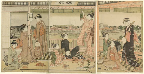 Une fête observant la lune sur la rivière Sumida