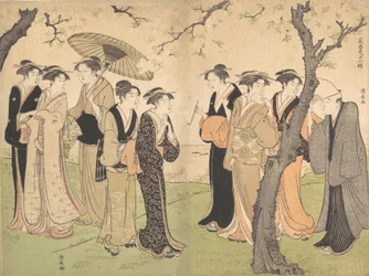 Groupe de six geishas sous les cerisiers à Gotenyama