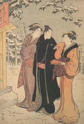 Homme en manteau haori noir et deux femmes s