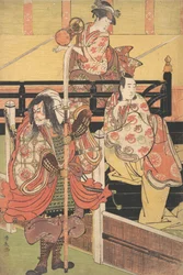 Sur un balcon, une femme est assise jouant du tsuzumi, en dessous un homme en costume de daimyo est en mer, vers 1790