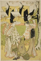 Les acteurs Ichikawa Monnosuke II en tant que Munesada, Segawa Kikunojo III en tant que courtisane Sumizome, et Nakamura Nakazo I en tant que Sekibei, dans la pièce "Tsumoru Koi Yuki no Seki no To," jouée au théâtre Kiri en novembre 1784
