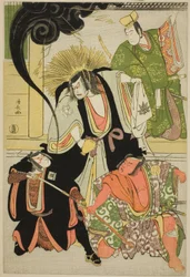 Les acteurs Nakayama Kojuro VI (Nakamura Nakazo I) comme Hatchotsubute no Kiheiji, Otani Hiroji III comme Miura Arajiro, Ichikawa Yaozo III comme Akugenta Yoshihira, Sawamura Sojuro III comme Taira no Shigemori, dans le shosa "Fukyoku Edo Geisha," joué au 
