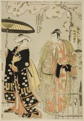 Les acteurs Sawamura Sojuro III en Kusunoki Masatsura et Arashi Murajiro en Ben no Naishi, dans le shosa "Sode Furu Yuki Yoshino Shui," joué au théâtre Nakamura en novembre 1786