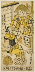 Les Acteurs Ichikawa Danjuro II comme Onio Shinzaemon et Ichikawa Masugoro comme Soga no Goro dans la pièce "Furiwake-gami Hatsugai Soga," jouée au Théâtre Ichimura en janvier 1735
