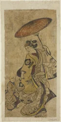 Les acteurs Matsumoto Hyozo en femme tenant un parapluie et Nakamura Shichisaburo I en jeune garçon