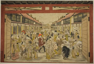 La porte principale, Nouveau Yoshiwara, vers 1745 (impression sur bois colorée à la main; toku-oban yoko-e, beni-e)