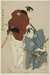 Les acteurs Ichikawa Omezo I (R) comme Tomita Hyotaro et Otani Oniji III (L) comme Kawashima Jibugoro