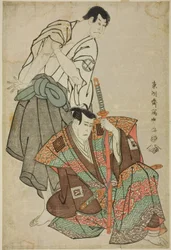 Les acteurs Ichikawa Yaozo III (D) en Fuwa Banzaemon et Sakata Hangoro III (G) en Kosodate Kannonbo