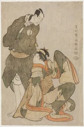 Les acteurs Iwai Hanshiro IV (à droite) en Ohan du Shinanoya et Bando Hikosaburo III (à gauche) en Obiya Choemon