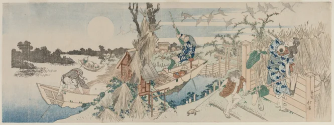 Paysage avec bac, oies et pleine lune