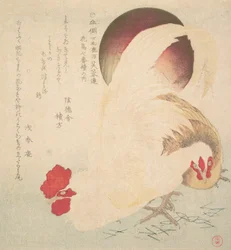 Soleil levant, un coq et une poule, vers 1800.