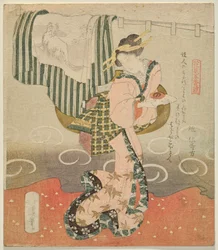 Femme tenant une coupe de saké devant un rideau et un kimono drapé (de Cinq Feuilles pour la contemplation des fleurs)