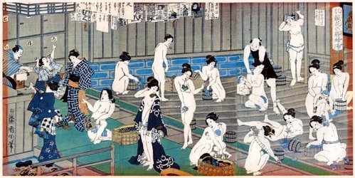 Scène de maison de bains, une estampe de Toyohara Kunichika, XIXe siècle