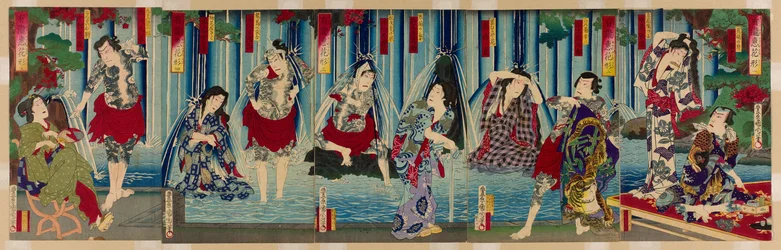 Étoiles de Kabuki devant une gracieuse cascade (Arigataki megumi no hanagata)