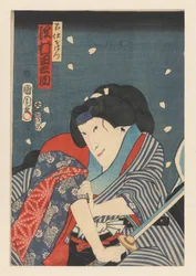 Ohatsu brandissant une épée, attaque sur Iwafuji, Sawamura Tanosuke III comme Ohatsu (titre sur l