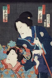 Onoe Baikō dans le rôle de la jeune sœur Benizara et Seki Sanjūrō dans celui de la mère Kataomoi, dans la pièce Ichiban Norime Iki no Sashimono