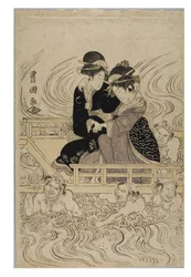 Fête de courtisanes traversant une rivière agitée