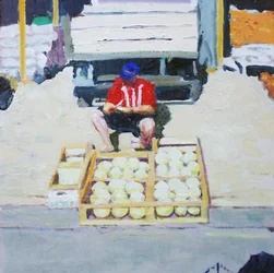 Homme vendant des melons (San Juan, Argentine), 2014 (huile sur carton)