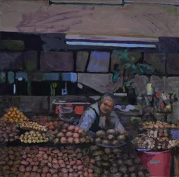 Étalage de pommes de terre (Quito, Équateur), 2015 (huile sur carton)