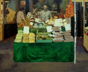 Étalage de légumes (Deptford, Londres), 2009 (huile sur carton)