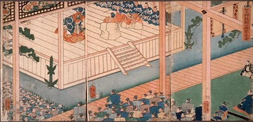 Le général de droite, Lord Yoritomo, inspecte une représentation spéciale de nō