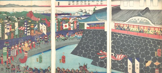 Hideyoshi et ses troupes quittant le camp de Nagoya Mashiba Hideyoshi ko nagoya jin saki..., 19e siècle