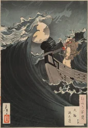 Cent aspects de la lune n° 12 : Benkei apaisant les vagues dans la baie de Daimotsu