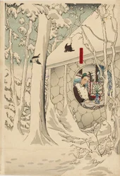 Estampe sur bois triptyque - Gentoku visitant Komei dans sa retraite, sous une tempête de neige, fin du 19ème siècle